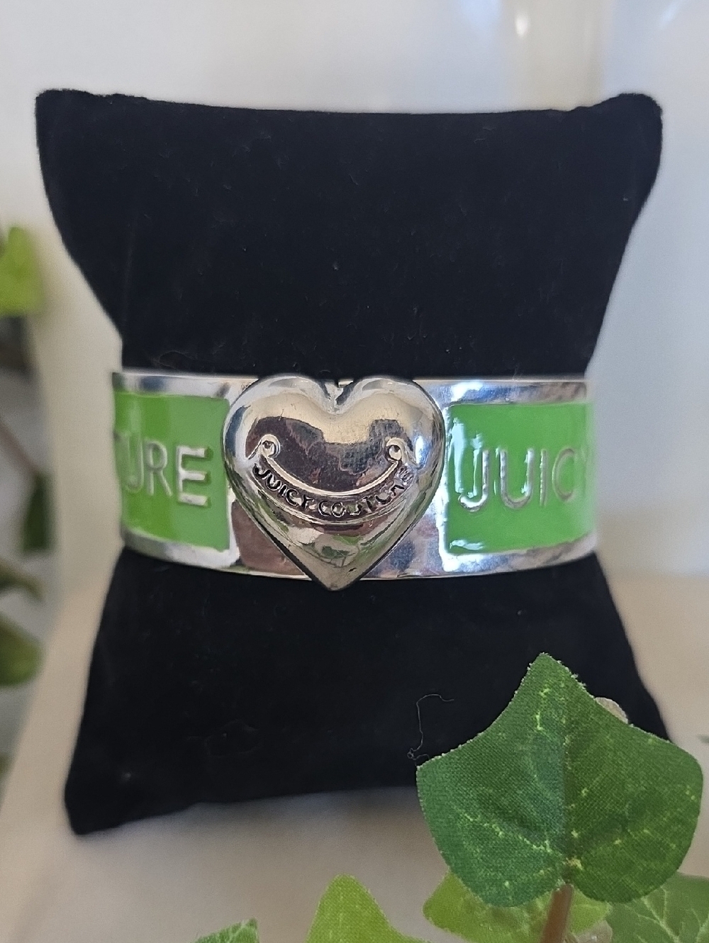 Silver with Green Enamel Clamper Hinge Bangle Bracelet Juicy Couture